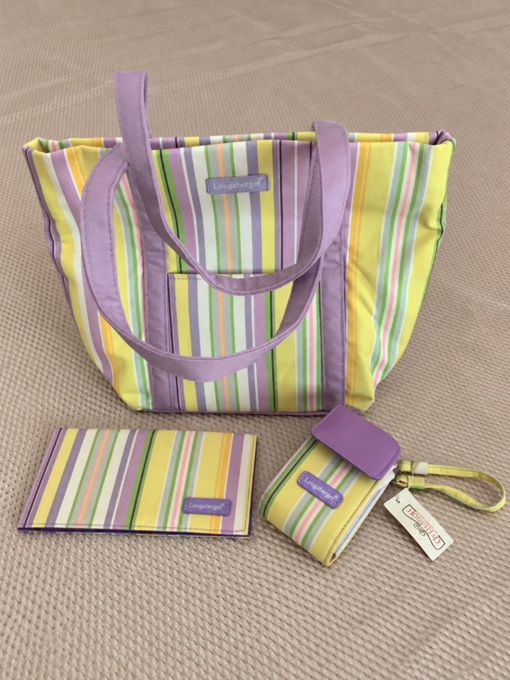 Longaberger Homestead Pastel Stripe Tote Wallet Keychain Pouch Set